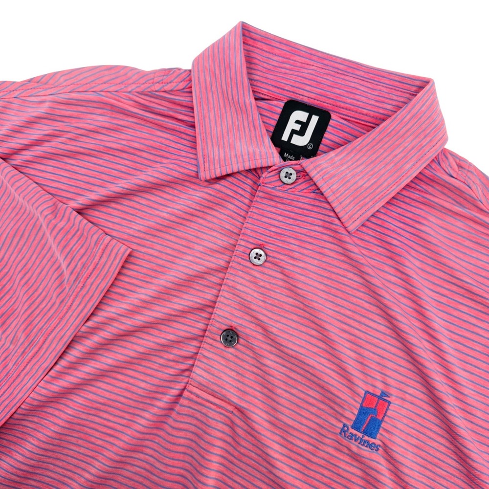 FootJoy Polo Shirt Mens L (XL Fit) Pink Striped Short Sleeve Ravines Golf FADED